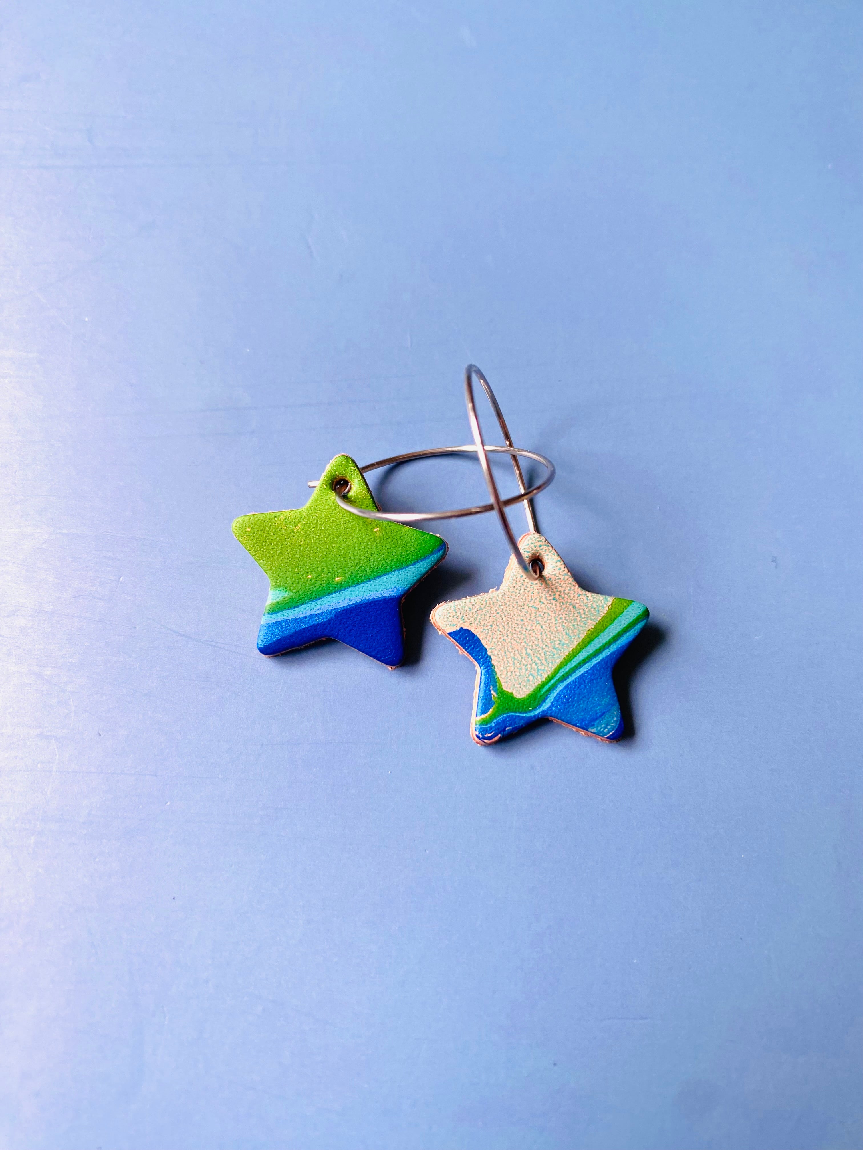 Handmade Leather Star Hoop Earrings - Marbled