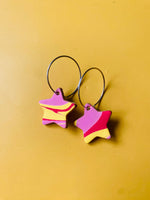 Load image into Gallery viewer, Handmade Leather Star Hoop Earrings - Marbled
