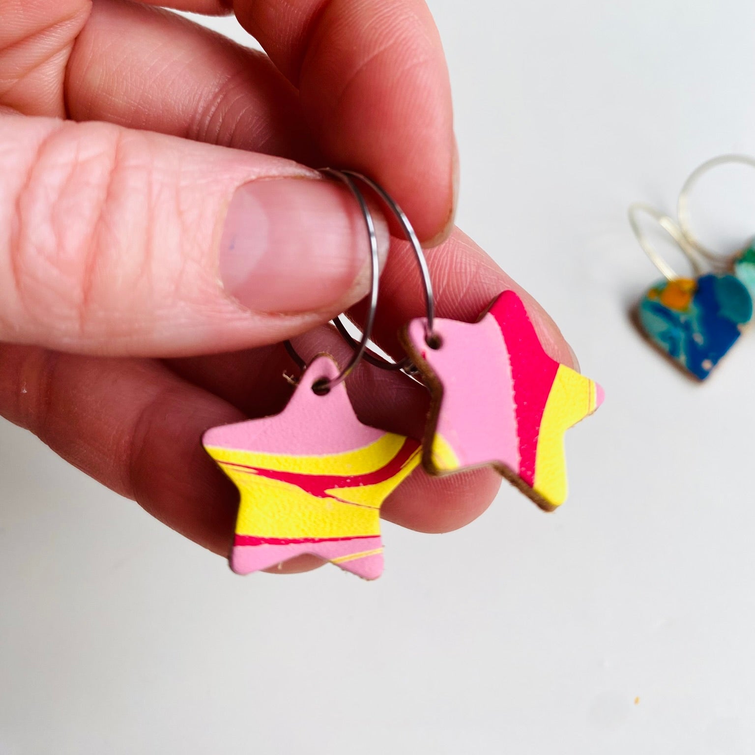 Handmade Leather Star Hoop Earrings - Marbled