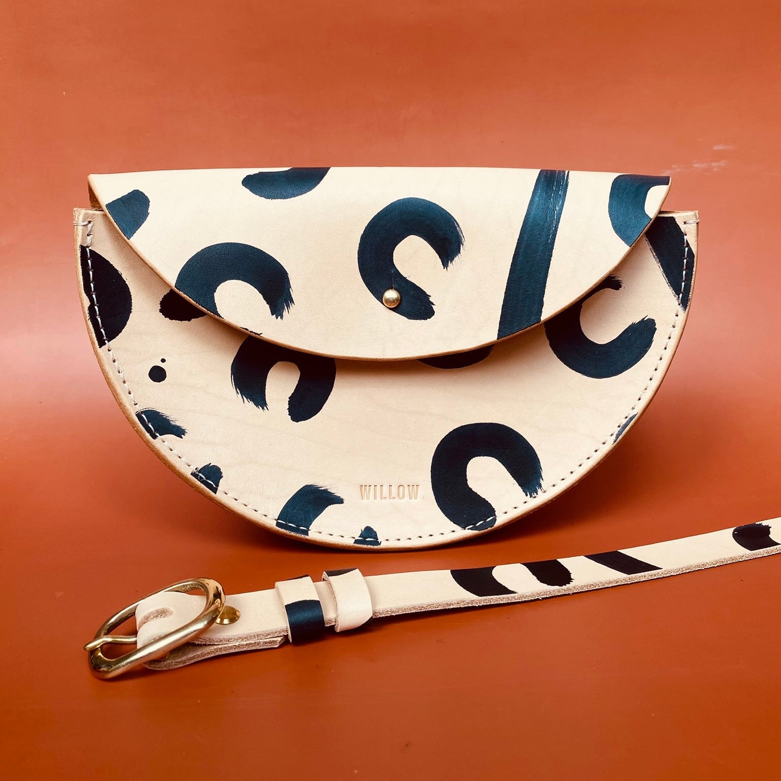 Large Handmade Leather Halfmoon Crossbody Bag - Leopard