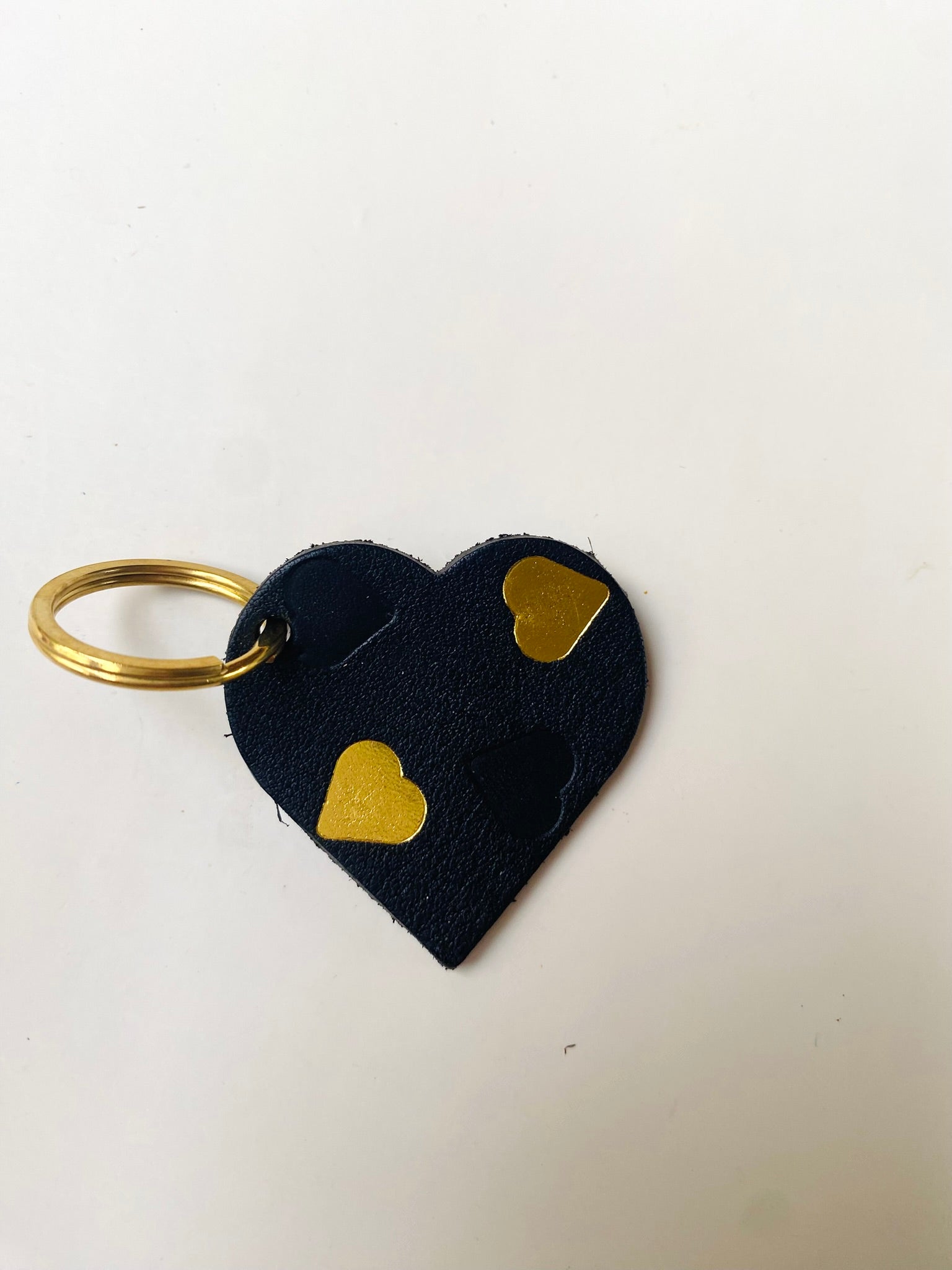 SECONDS Handmade Leather Black and Gold Heart Keyring