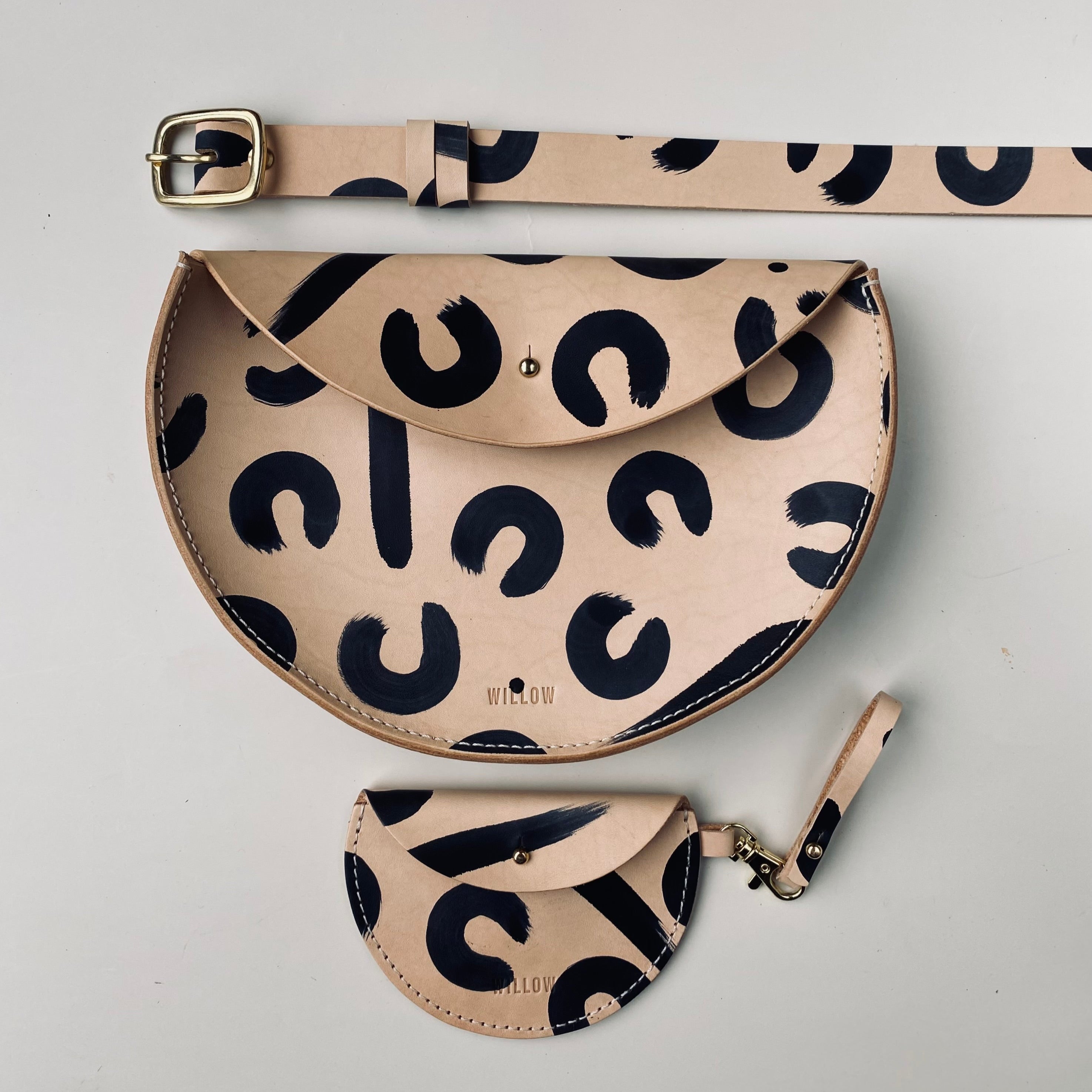 Large Handmade Leather Halfmoon Crossbody Bag - Leopard