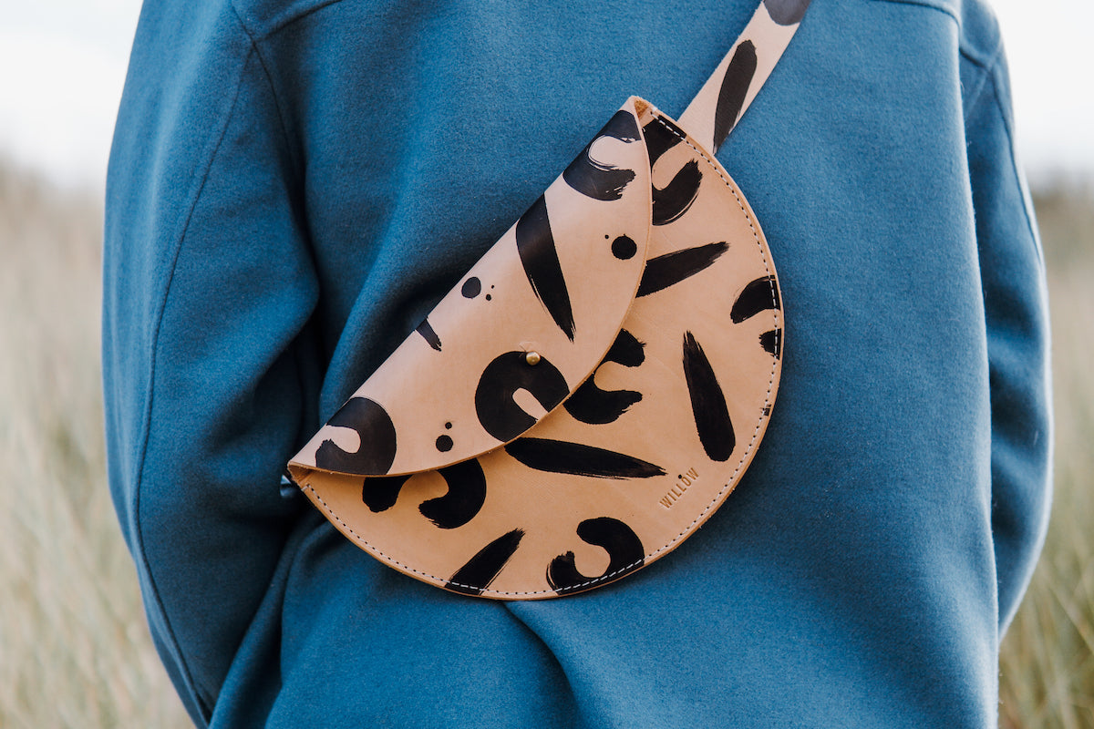 Large Slim Handmade Leather Halfmoon Crossbody Bag - Hand Painted Leopard