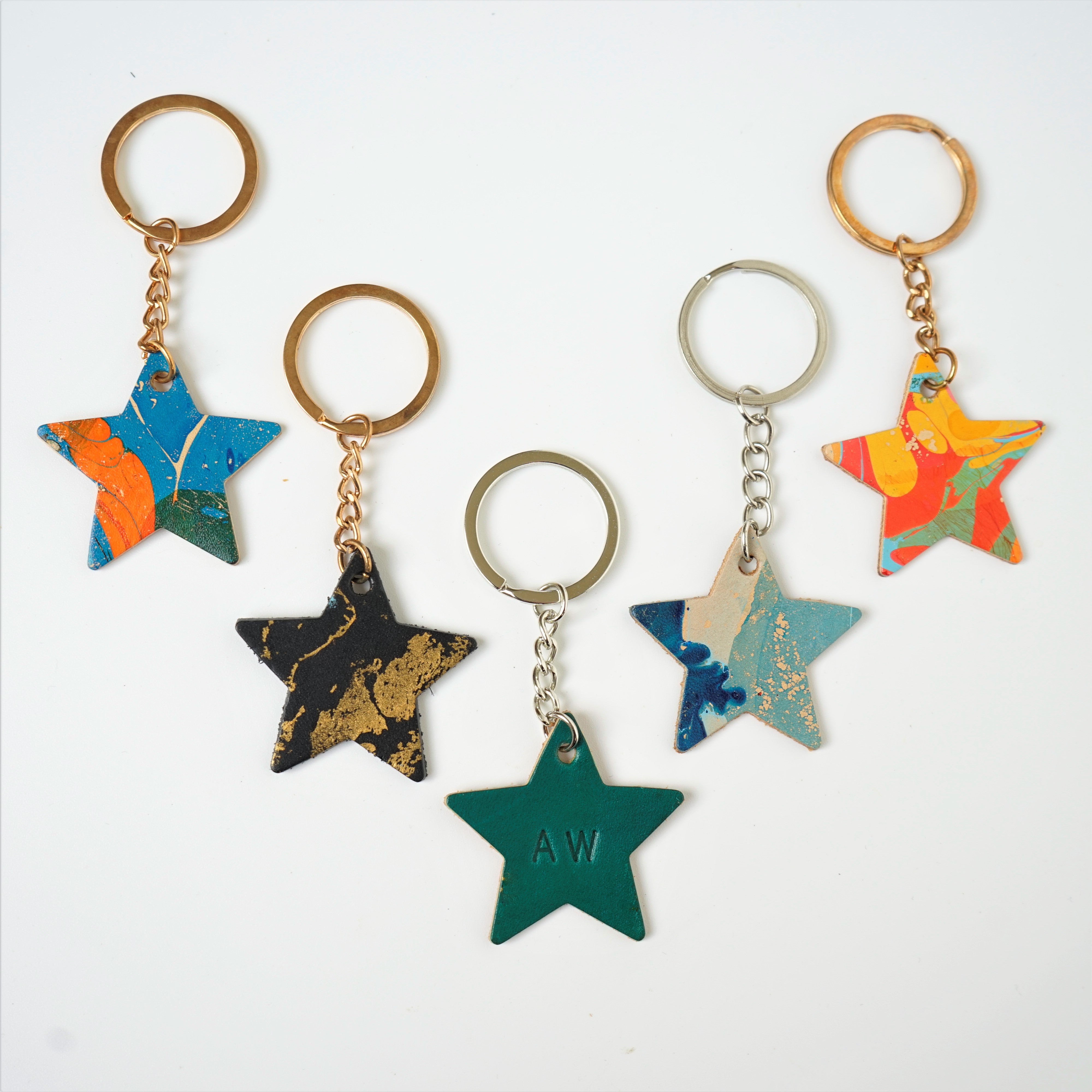 Handmade Leather Marbled Star Keyring - Personalisation Available