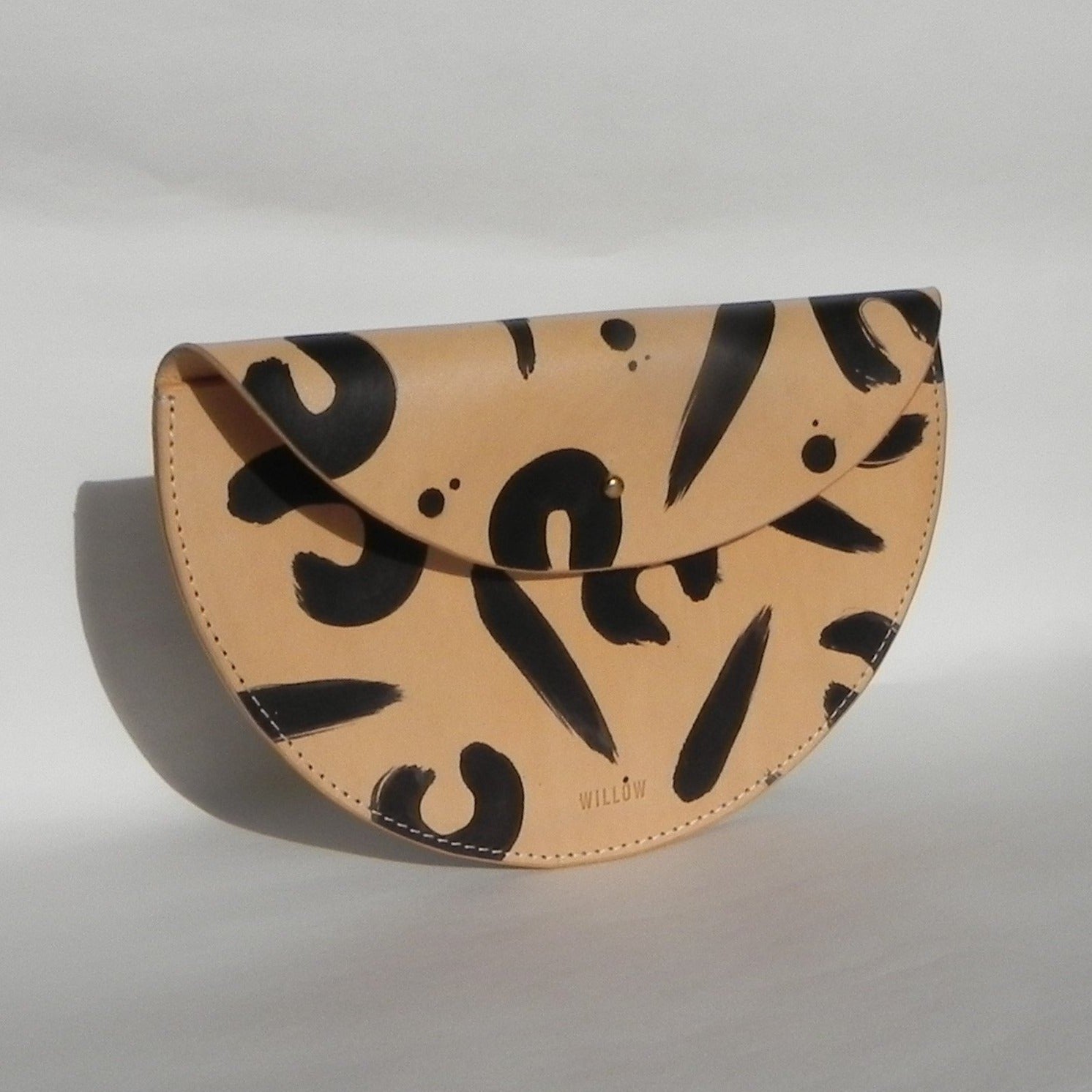 Large Slim Handmade Leather Halfmoon Crossbody Bag - Hand Painted Leopard