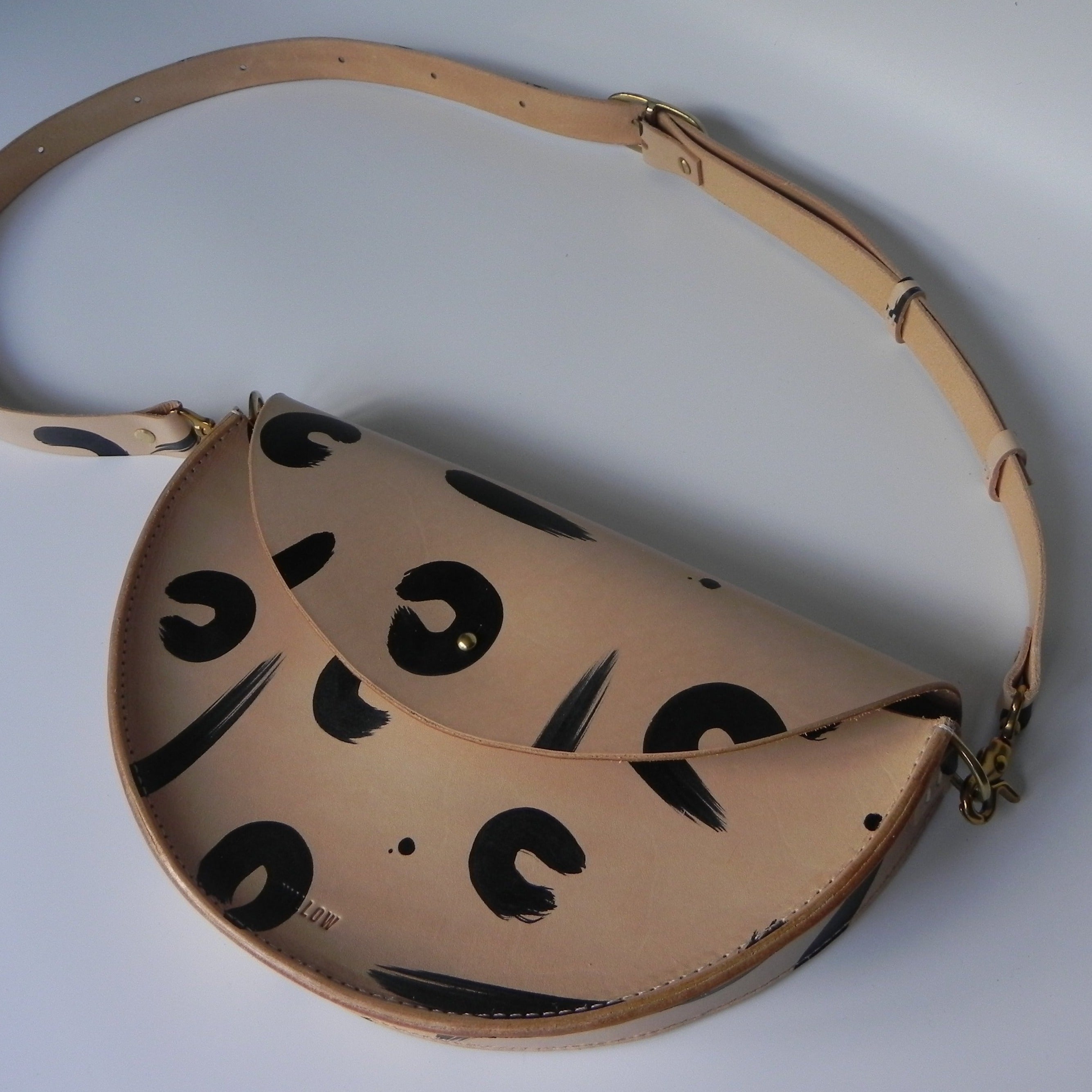 XL Handmade Leather Halfmoon Shoulder Bag - Painted Leopard