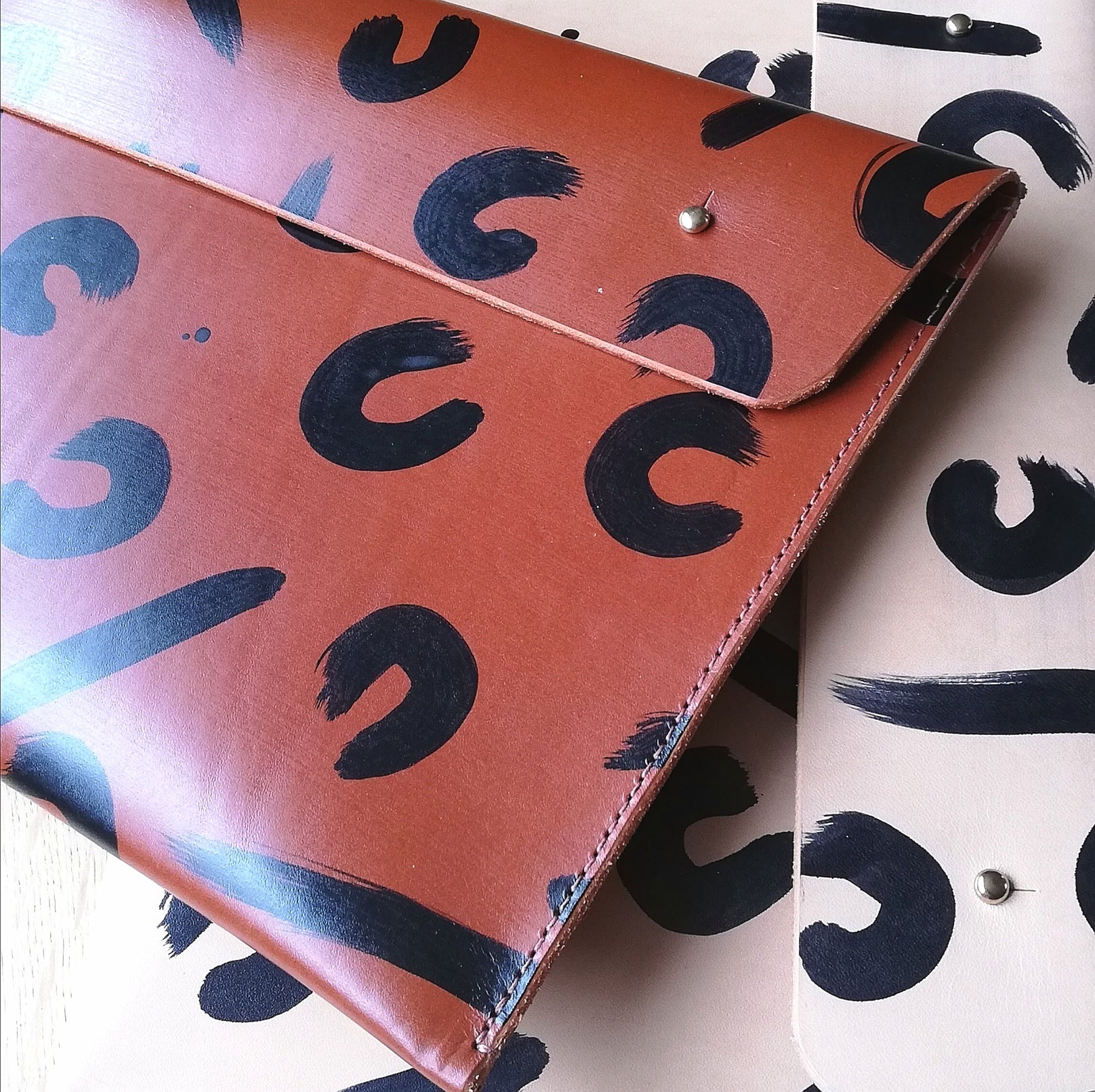 Leather Personalised Document Case - Tan Leopard Hand Painted
