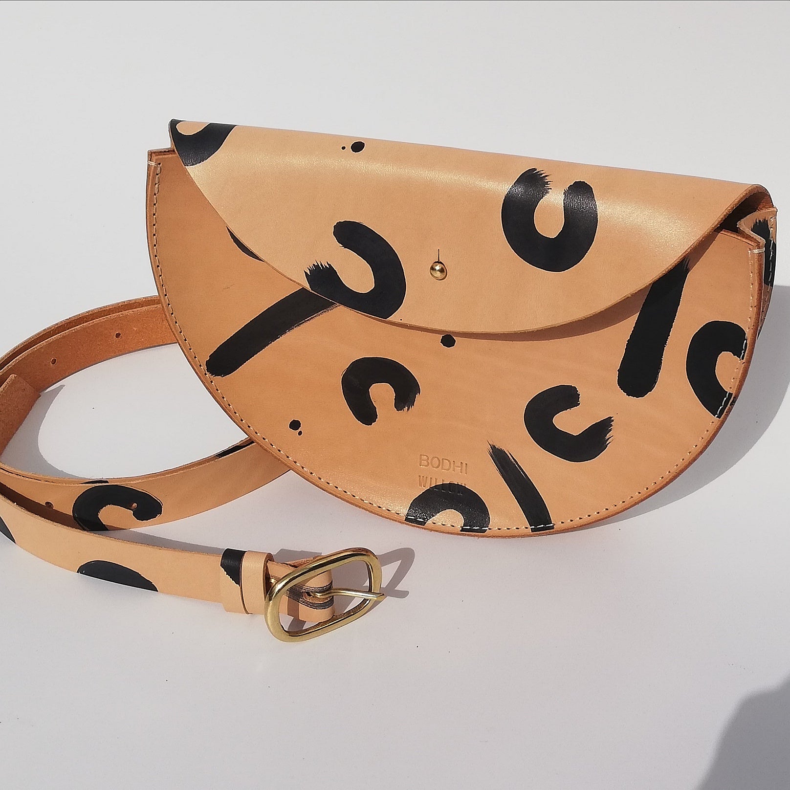 Large Handmade Leather Halfmoon Crossbody Bag - Leopard