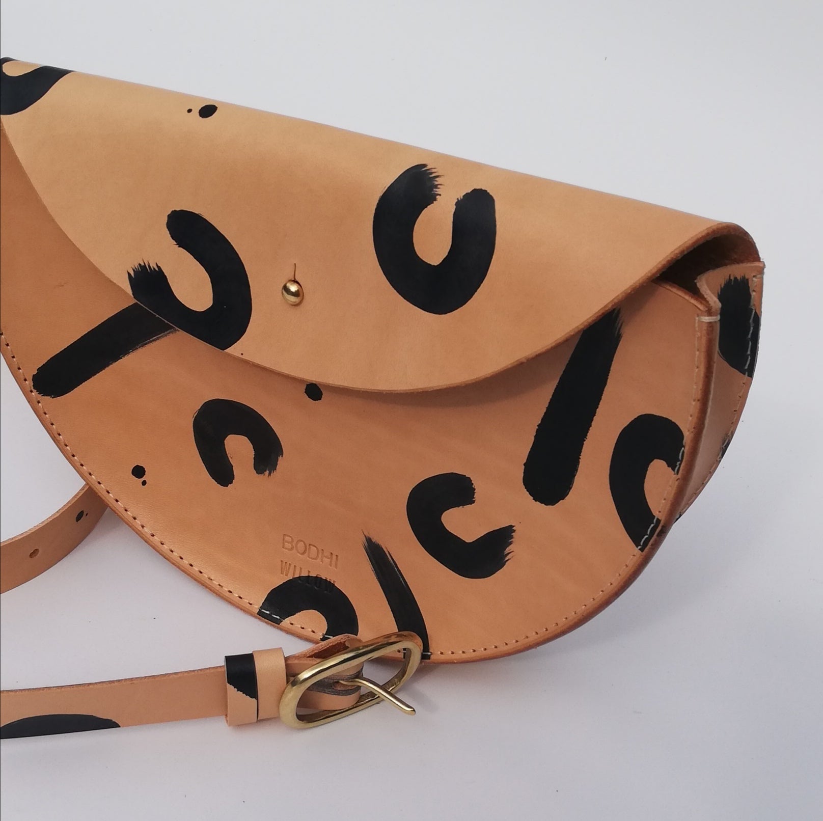 Large Handmade Leather Halfmoon Crossbody Bag - Leopard