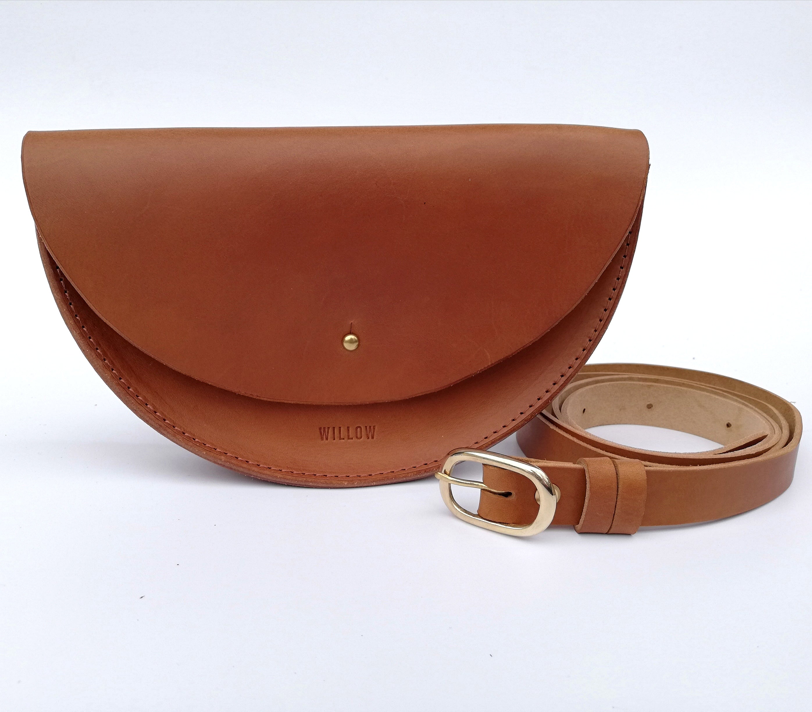 Small Handmade Leather Halfmoon Crossbody Bag Full Flap - Brown