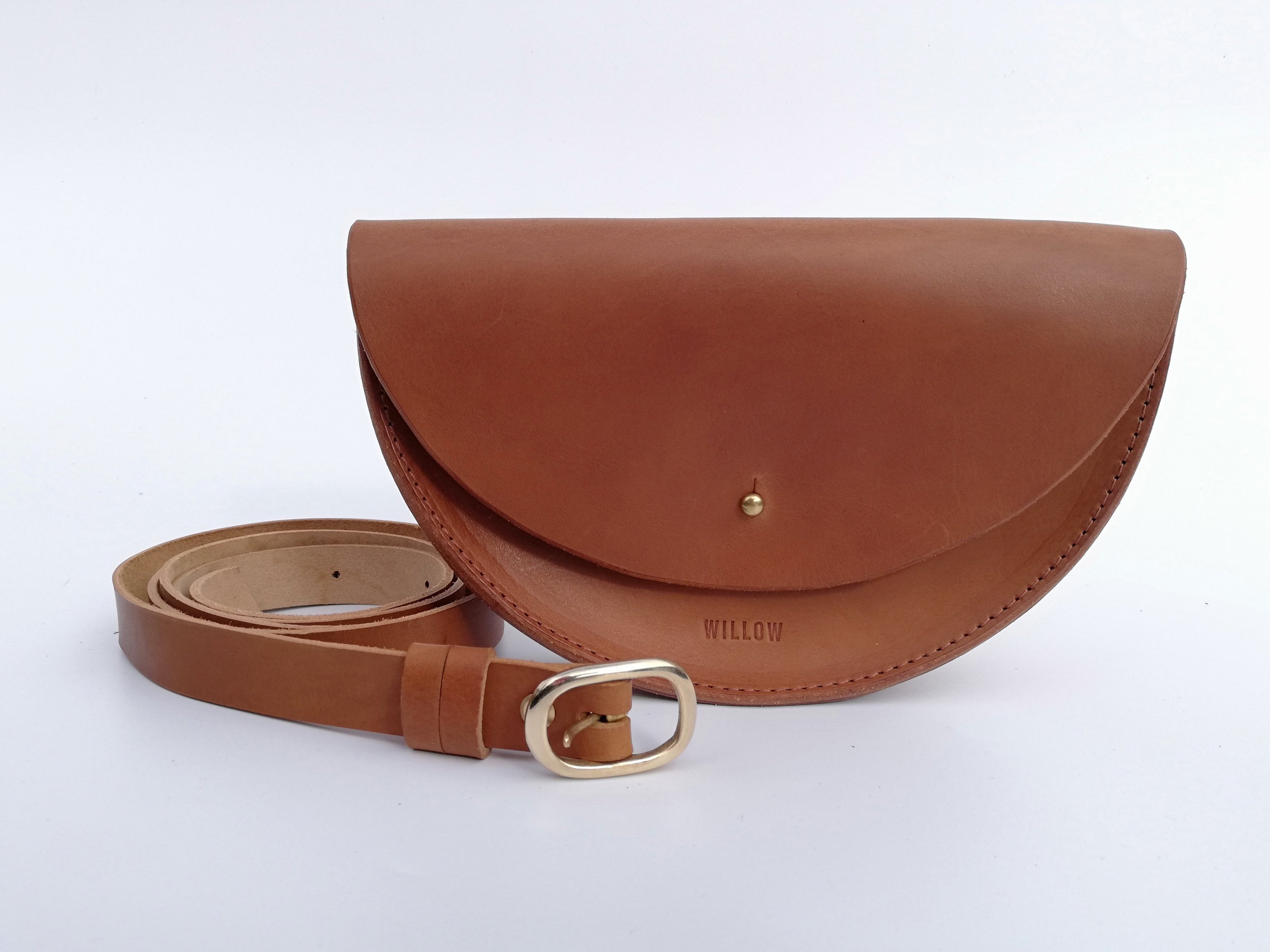 Small Handmade Leather Halfmoon Crossbody Bag Full Flap - Brown
