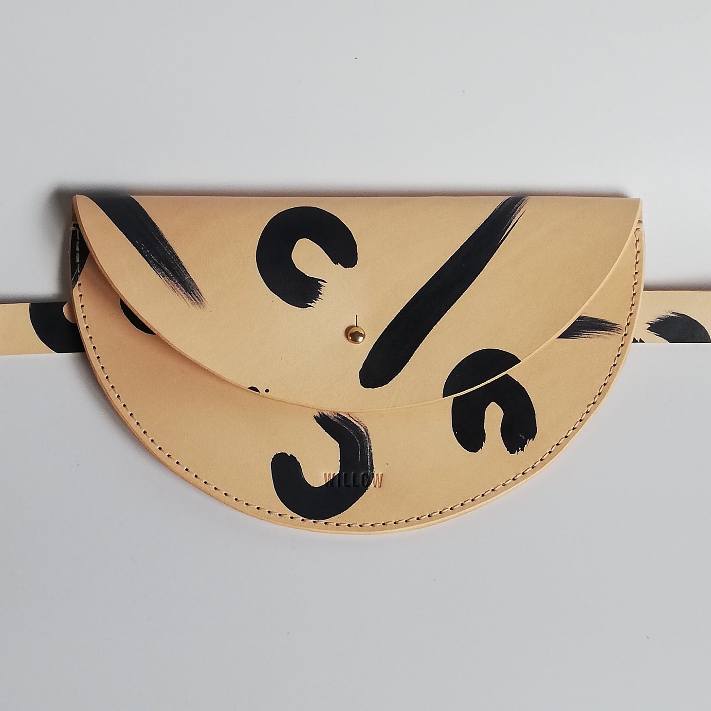 Small Slim Handmade Leather Halfmoon Crossbody Bag - Leopard Hand painted